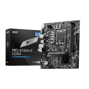 MSI PRO B760M-E DDR4 Motherboard, Micro-ATX - Supports Intel 14th, 13th & 12th Gen Core Processors, LGA 1700 - DDR4 Memory Boost 4800+MHz/OC, PCIe 4.0 x16 Slot, M.2 Gen4 Slot Motherboards For Sale Trinidad