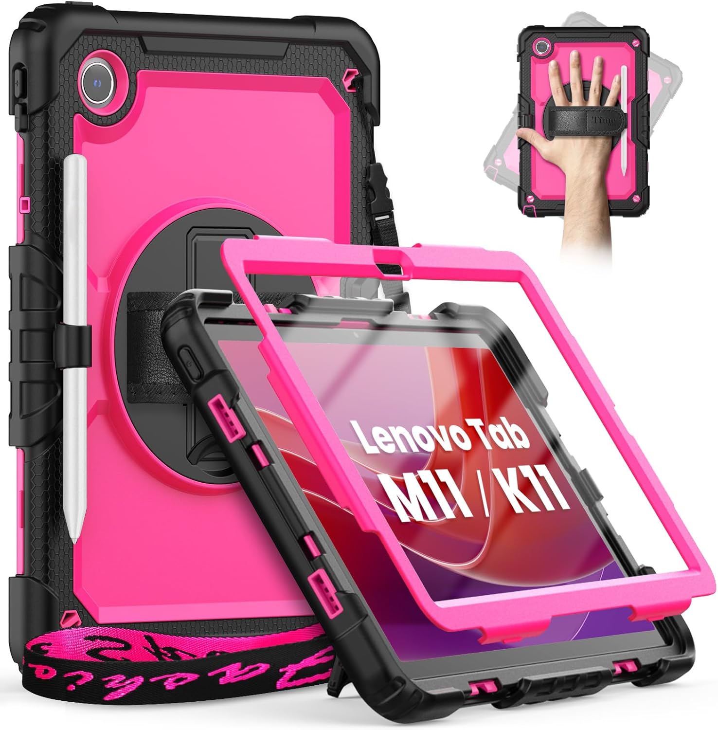 Lenovo Tab M11 (TB330FU/TB330XU) 11 Inch Tablet Case with Pen Holder/Stylus Holder/Screen Protector/360° Hand Strap, for Tab K11 LTE 2024/ Lenovo Xiaoxin Pad 2024