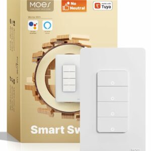 MOES Smart 4 Gang Light Switches, 2.4GHz WiFi Single Pole Switch, No Neutral Wire Needed, Require Capacitors Work with Alexa Google Assistant Trinidad